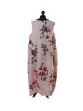 Italian Floral Print Sleeveless Linen Lagenlook Dress-Pink back