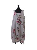 Italian Floral Print Sleeveless Linen Lagenlook Dress-Silver