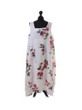 Italian Floral Print Sleeveless Linen Lagenlook Dress-White