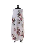 Italian Floral Print Sleeveless Linen Lagenlook Dress-White back