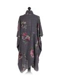 Italian Floral Print Wrap Over Oversized Lagenlook Cotton Top-charcoal back