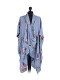 Italian Floral Print Wrap Over Oversized Lagenlook Cotton Top-denim