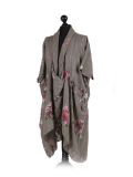 Italian Floral Print Wrap Over Oversized Lagenlook Cotton Top-khaki side