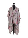 Italian Floral Print Wrap Over Oversized Lagenlook Cotton Top-mocha