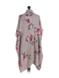Italian Floral Print Wrap Over Oversized Lagenlook Cotton Top-mocha back
