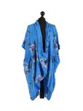 Italian Floral Print Wrap Over Oversized Lagenlook Cotton Top-Royal blue