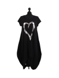 Italian Foil Heart Print Dipped Hem Cotton Tunic Slouch Dress-Black