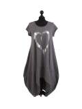 Italian Foil Heart Print Dipped Hem Cotton Tunic Slouch Dress-Charcoal
