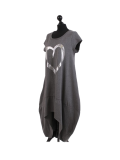 Italian Foil Heart Print Dipped Hem Cotton Tunic Slouch Dress-Charcoal side