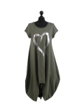 Italian Foil Heart Print Dipped Hem Cotton Tunic Slouch Dress-Khaki