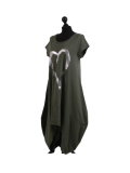 Italian Foil Heart Print Dipped Hem Cotton Tunic Slouch Dress-Khaki side
