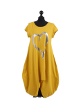 Italian Foil Heart Print Dipped Hem Cotton Tunic Slouch Dress-Mustard