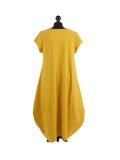 Italian Foil Heart Print Dipped Hem Cotton Tunic Slouch Dress-Mustard back