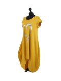 Italian Foil Heart Print Dipped Hem Cotton Tunic Slouch Dress-Mustard side