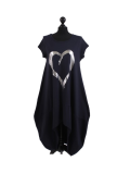 Italian Foil Heart Print Dipped Hem Cotton Tunic Slouch Dress-Navy
