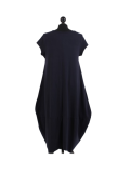 Italian Foil Heart Print Dipped Hem Cotton Tunic Slouch Dress-Navy back