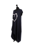 Italian Foil Heart Print Dipped Hem Cotton Tunic Slouch Dress-Navy side