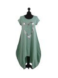 Italian Foil Heart Print Dipped Hem Cotton Tunic Slouch Dress-Ocean blue
