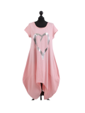 Italian Foil Heart Print Dipped Hem Cotton Tunic Slouch Dress-Pink