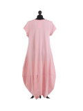Italian Foil Heart Print Dipped Hem Cotton Tunic Slouch Dress-Pink back