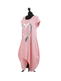 Italian Foil Heart Print Dipped Hem Cotton Tunic Slouch Dress-Pink side