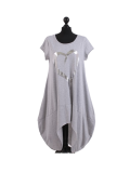 Italian Foil Heart Print Dipped Hem Cotton Tunic Slouch Dress-Silver