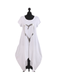 Italian Foil Heart Print Dipped Hem Cotton Tunic Slouch Dress-White