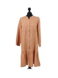 Italian Front Buttons and Pockets Plain Linen Lagenlook Dress-Camel