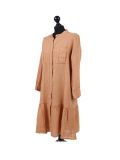 Italian Front Buttons and Pockets Plain Linen Lagenlook Dress-Camel side