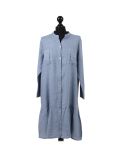 Italian Front Buttons and Pockets Plain Linen Lagenlook Dress-Denim