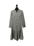 Italian Front Buttons and Pockets Plain Linen Lagenlook Dress-Khaki