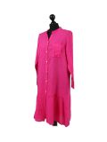 Italian Front Buttons and Pockets Plain Linen Lagenlook Dress-Rose pink side