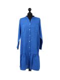 Italian Front Buttons and Pockets Plain Linen Lagenlook Dress-Royal blue