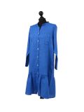 Italian Front Buttons and Pockets Plain Linen Lagenlook Dress-Royal blue side
