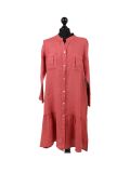 Italian Front Buttons and Pockets Plain Linen Lagenlook Dress-Rust