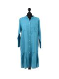 Italian Front Buttons and Pockets Plain Linen Lagenlook Dress-teal
