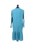 Italian Front Buttons and Pockets Plain Linen Lagenlook Dress-Teal back