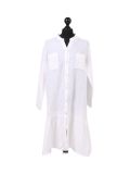 Italian Front Buttons and Pockets Plain Linen Lagenlook Dress-white