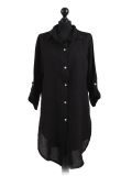 Italian Front Buttons Plain Linen Lagenlook Top-Black