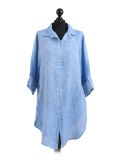 Italian Front Buttons Plain Linen Lagenlook Top-Denim