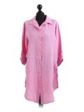 Italian Front Buttons Plain Linen Lagenlook Top-Fuchsia