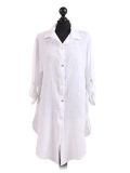 Italian Front Buttons Plain Linen Lagenlook Top-white