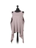 Italian Front Wrap Cold Shoulders Knitted Lagenlook Jumper-Mocha