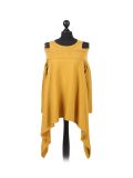 Italian Front Wrap Cold Shoulders Knitted Lagenlook Jumper-Mustard