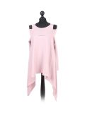 Italian Front Wrap Cold Shoulders Knitted Lagenlook Jumper-Pink