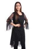 Italian Glittery Floral Print 2 Layered Mesh Net Lagenlook Dress -Gold 1