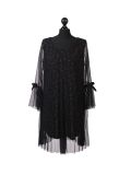 Italian Glittery Leaf Print 2 Layered Mesh Net Lagenlook Dress -Gold