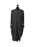 Italian Leopard Print Side Pockets Lagenlook Dress-Charcoal back