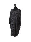 Italian Leopard Print Side Pockets Lagenlook Dress-Charcoal side
