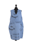 Italian Made Writing Print Sleeveless Linen Lagenlook Dress-Denim